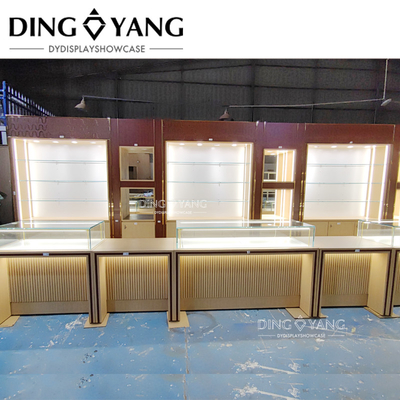 Fabrica de muebles de cristal de joyería de madera sin marco, fabricante de muebles de joyería a medida
