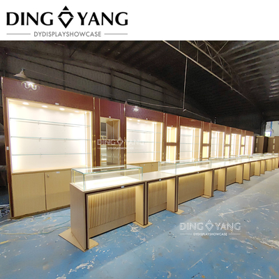 Fabrica de muebles de cristal de joyería de madera sin marco, fabricante de muebles de joyería a medida